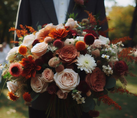 fall wedding flowers held by groom