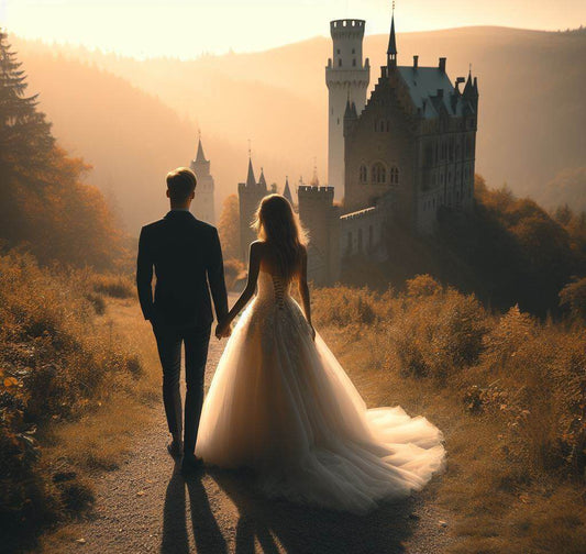 bride and groom holding hands in front of castle