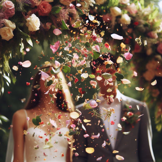 bride and groom with confetti falling
